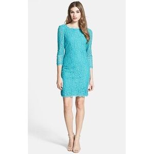 ADRIANNA PAPELL TEAL SCALLOPED LACE 3/4 SLEEVE SHEATH COCKTAIL DRESS